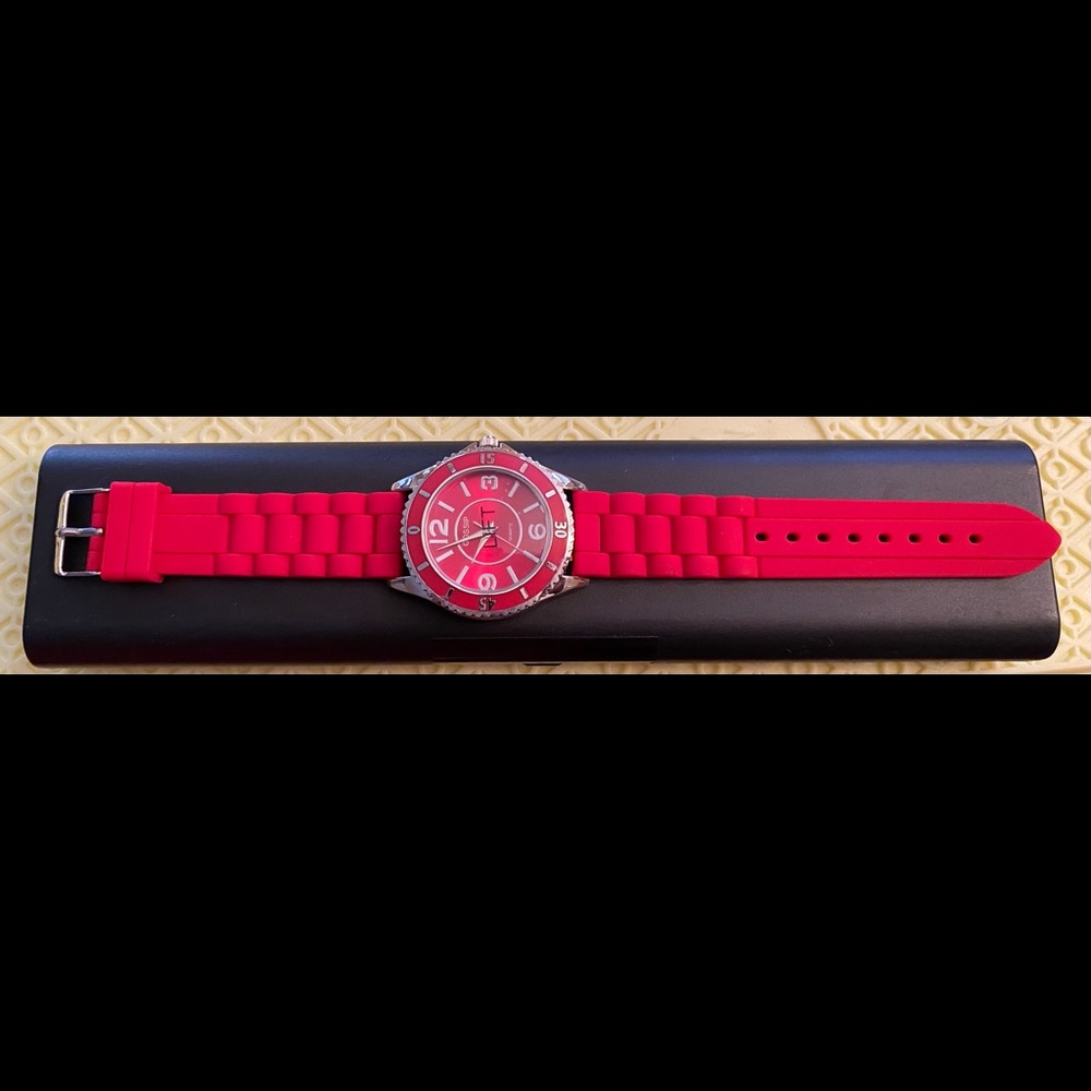 NIB Red Gossip silicone watch w/silver accents